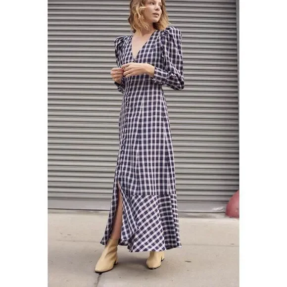 Mr. Larkin navy blue white plaid checkered puff sleeve button down maxi dress - Picture 7 of 7